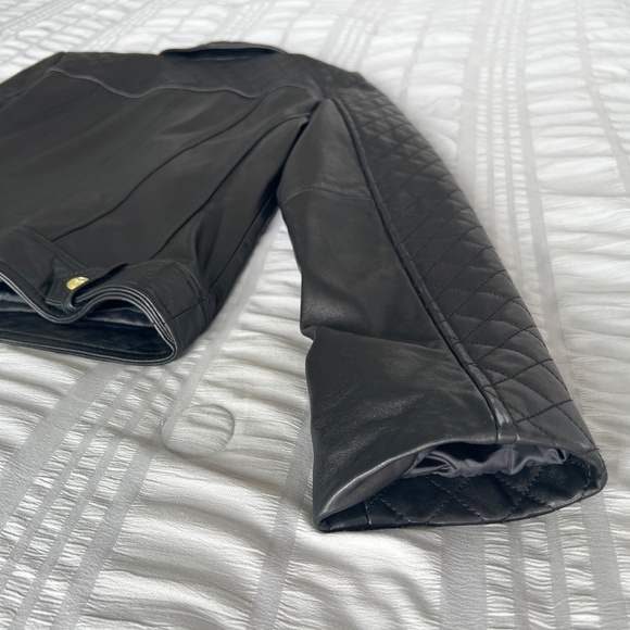 Cole Haan black lambskin leather moto jacket with gold-toned hardware - Picture 8 of 15